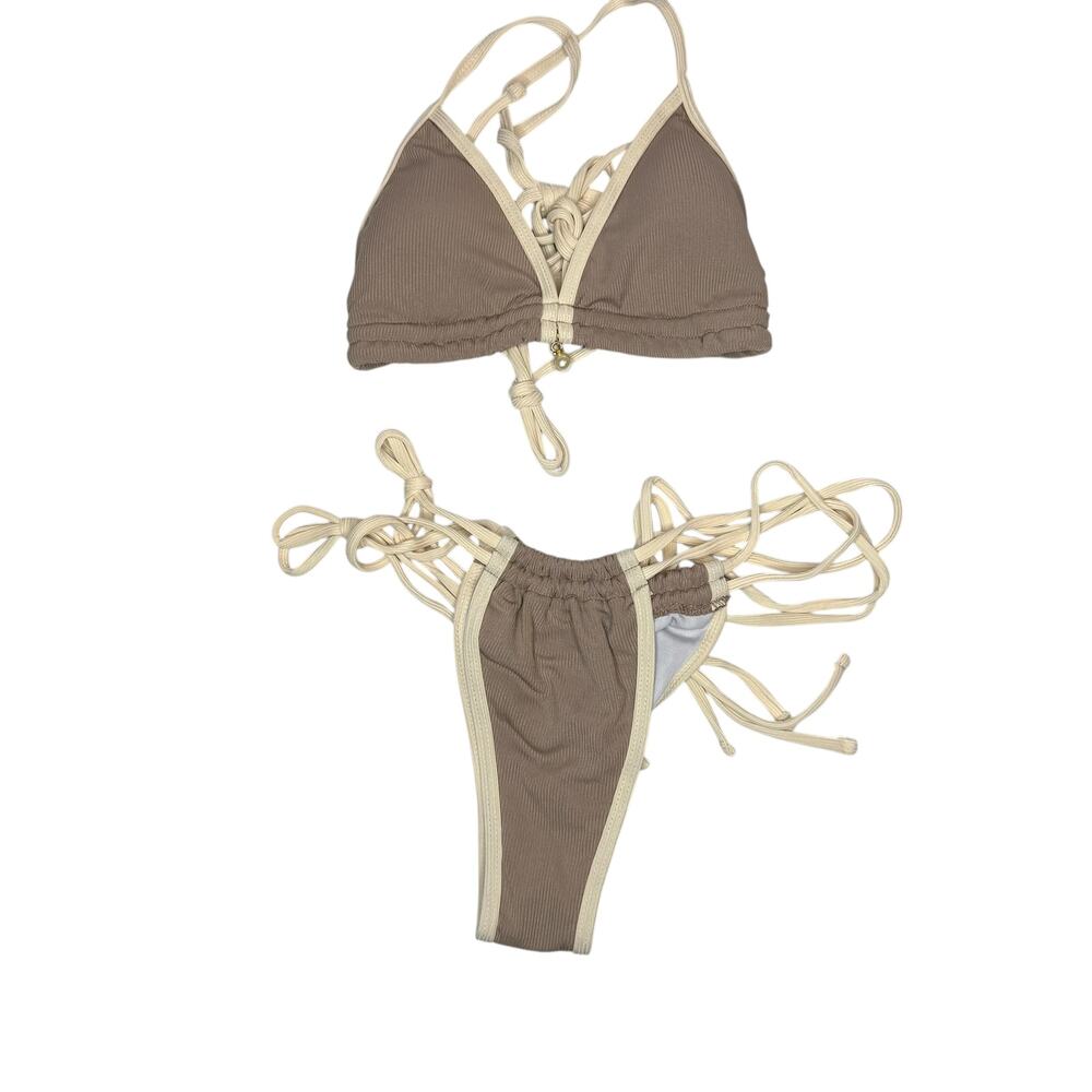 SHEIN Taupe Ribbed String Bikini Set M Triangle Tie Swimwear Beach